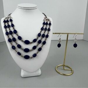 Avon Silver Tone and Multi Row Blue Bead Necklace and Earring Set